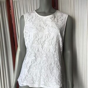Kasper Tank Top White Lace Overlay Button in Back Lined Womans XL
